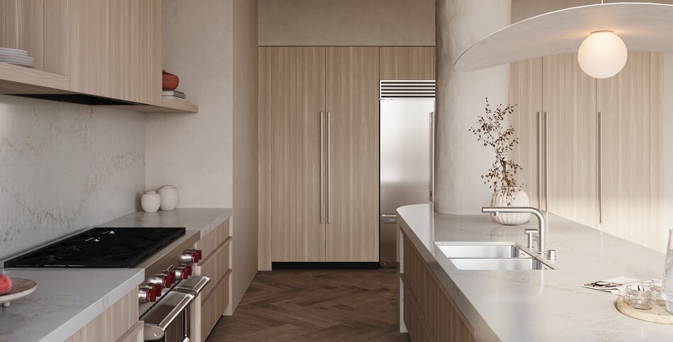 Kitchen countertop and island of Calacatta Lacebound advanced fusion of soft ivory design with taupe and light-gray veins.