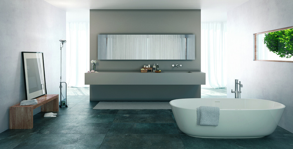 Modern bathroom featuring a large soaking tub and vanity.