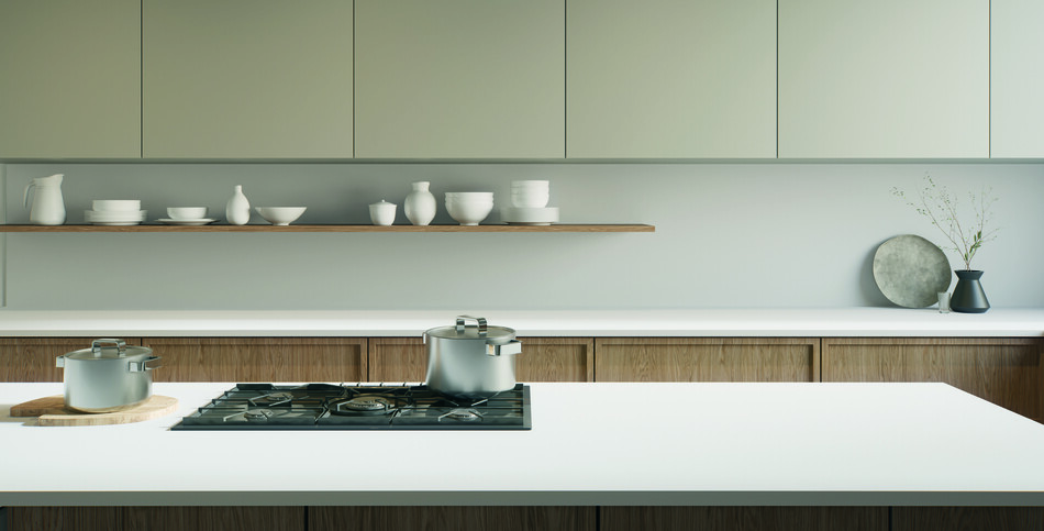 A kitchen stovetop of intensely white Whitenna porcelain.