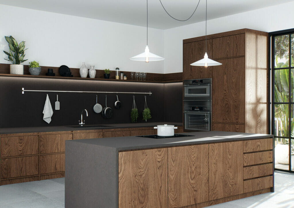 Dark brown kitchen with grey island