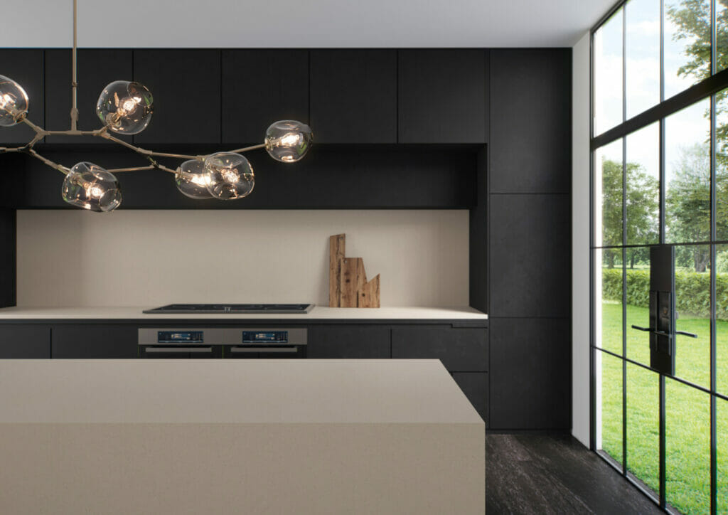 Black kitchen with grey island