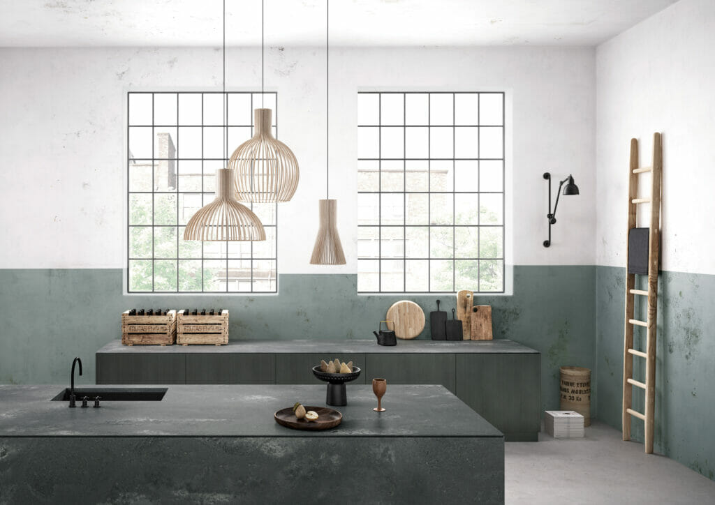 Rugged grey kitchen with grey island and counters