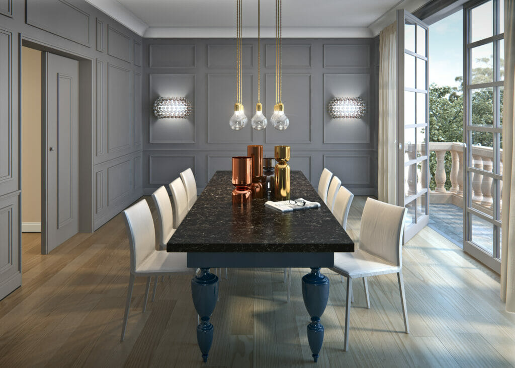 Dining table with dark chocolate quartz top