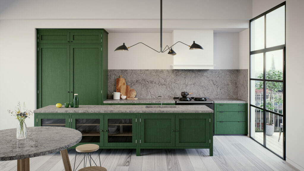 grey countertops and green cabinets