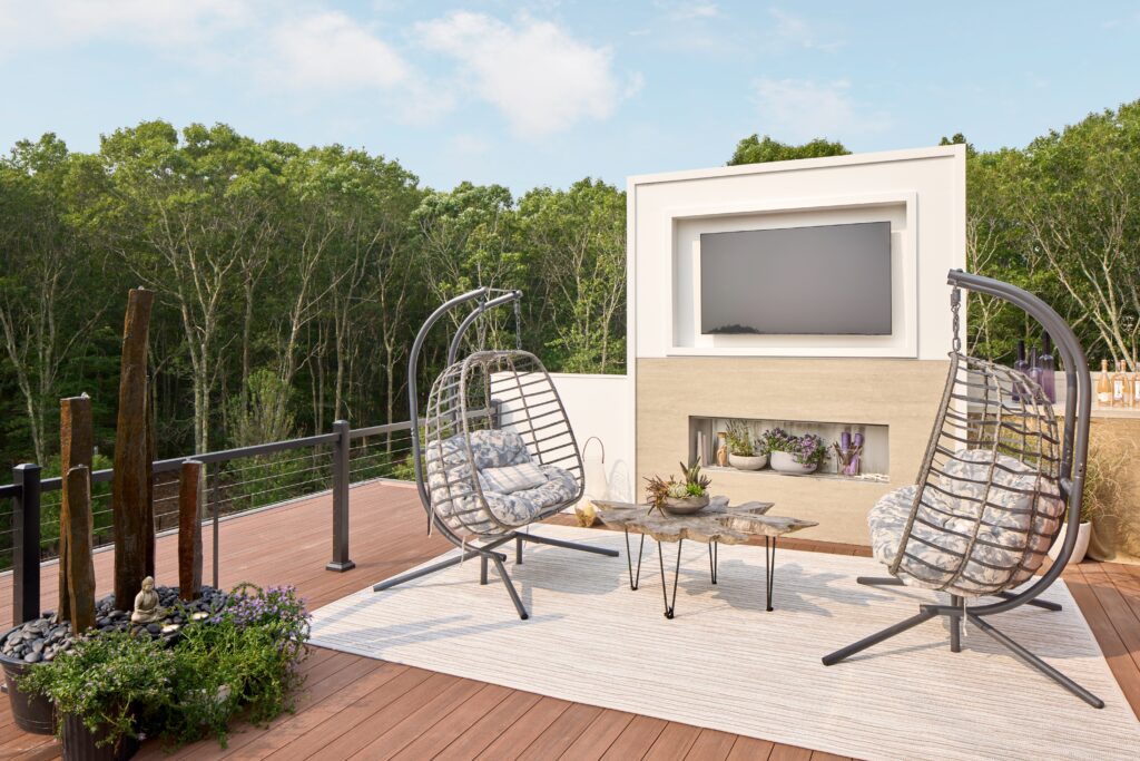 An outdoor rooftop patio with a fireplace surround in misty clay, silver gray, and subtle veins that mimic ancient travertine.