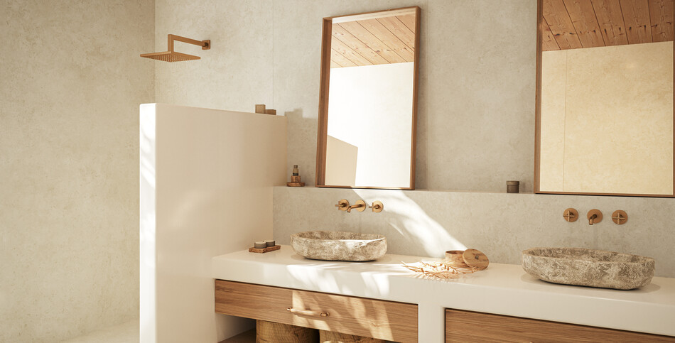 A shower and bathroom vanity top in porcelain with a neutral base infused with ivory and beige granules.