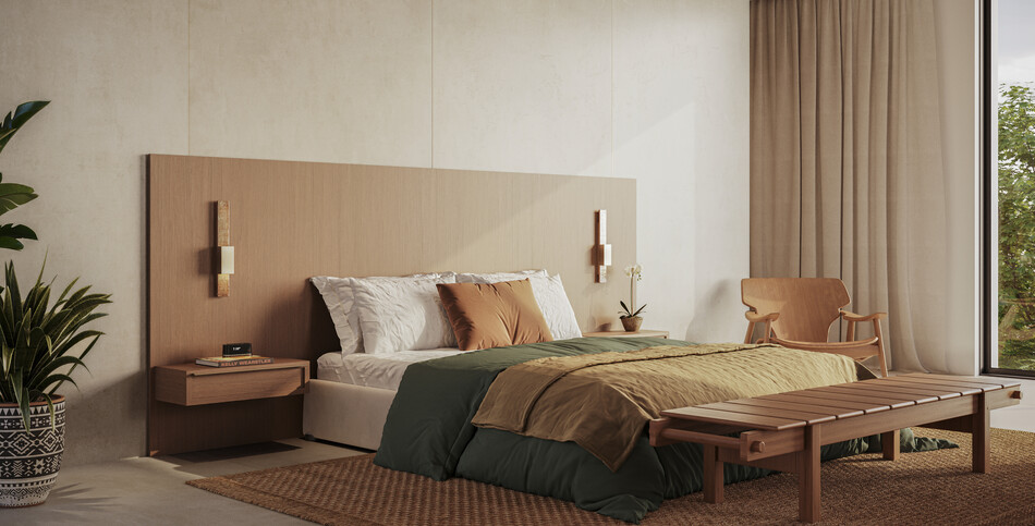 Minimalist bedroom featuring large, neutral Beige Ciment porcelain wall panels behind a wooden headboard, complementing a low bed and wood bench in a contemporary setting.